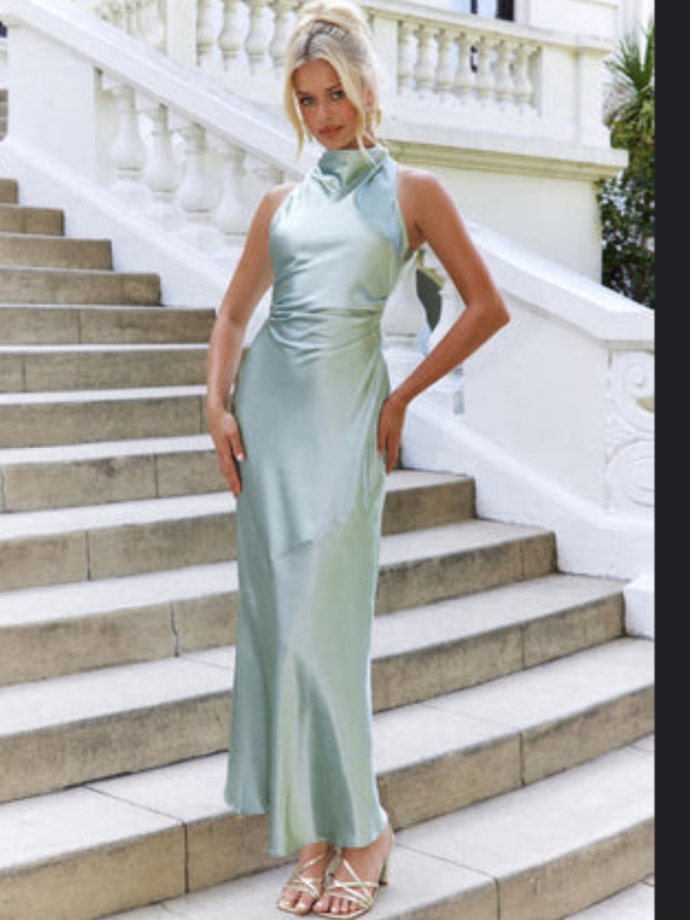 Hello Molly Satin Halter Maxi Dress in Sage - Picture 1 of 2